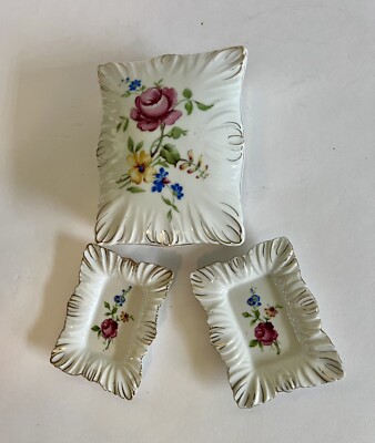 Vintage Japan 3 PC Cigarette Trinket Box Ash Trays Rose Floral Granny Core