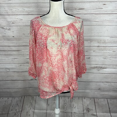 #ad Express Women#x27;s Sheer Blouse Size Small Pink Printed 3 4 Sleeve Tie Waist $17.99