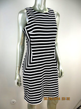 SHARAGANO SZ 10 Polyester Black White Stripe Back Zipper Soft Knit Shift Dress