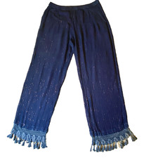 VTG Palazzo Pants Size Large Indigo Resort Vacation Boho Semi Sheer Tassel Trim