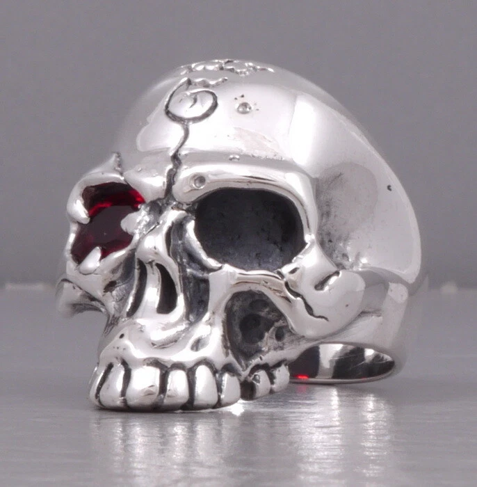 Anillo 32g grueso pesado biker king ojo rojo calavera gótico plata esterlina 925 para hombre Foto 4 de 4