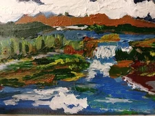 original art painting Abstract Landscape Acrylic Canvas Board 5x7 Mt Forrest Riv