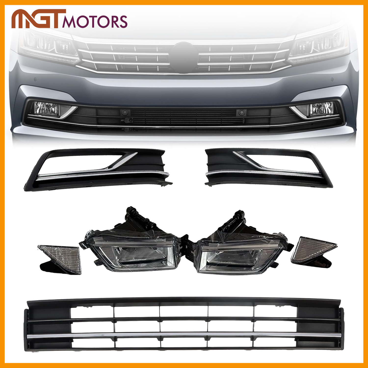 For 2016-2019 VW Passat Front Bumper Side 7pcs Grille Fog Lamps Bezel Reflector