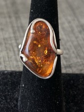 300:Open End Natural Baltic Amber And Silver Ring