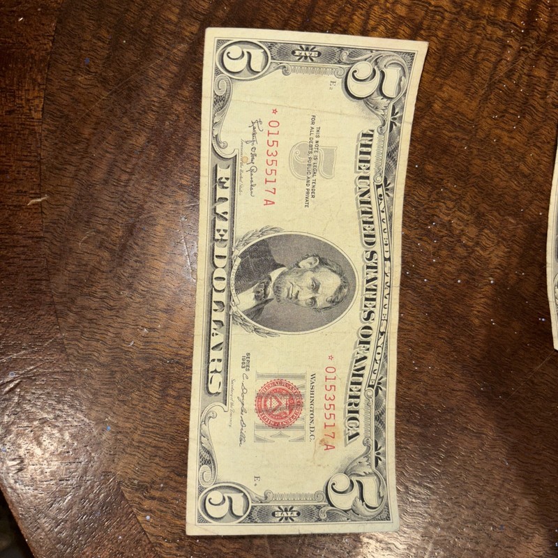 1963 5 DOLLAR STAR RED SEAL FEDERAL RESERVE NOTE CIRCULATED