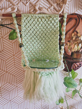 Vintage Mint Green Macrame Hanging Glass Shelf