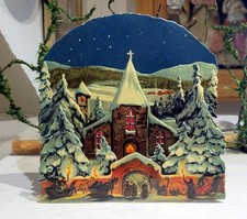 Gathering outside Church, Christmas Eve. Cellophane. Cardboard fold-out Display
