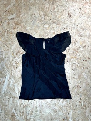 White House Black Market Silk Stretch Ruffle Blouse Womens 14 Black Flutter