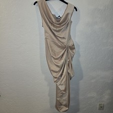 Pretty Little Thing Champagne Satin off the Shoulder Draped Skirt Midi Dress 10