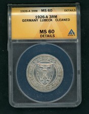GERMANY WEIMAR LUBECK 3 RM 1926-A SILVER COIN SLABBED ANACS MS 60 DETAILS