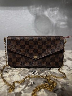 Louis Vuitton Damier Ebene Crossbody Bag Gold Chain Red Interior