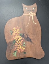 Vtg Hand Painted Wooden Cat Plaque Folk Art Kitty Wall Hanging Signed J. Rice