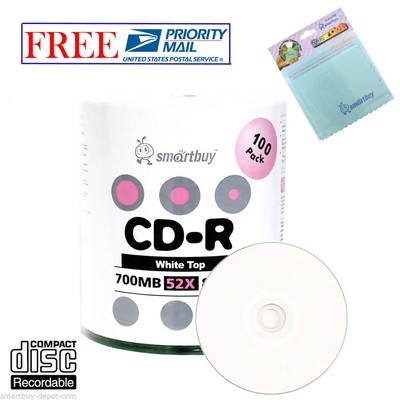 100 Pack Smartbuy 52X CD-R 700MB 80Min White Top Disc + FREE Micro Fiber Cloth