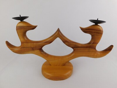 Carved Camphor Laurel Wood Candelabra Candle Holder ''Two to Tango'' by Flow Form 