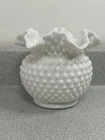 Vintage Fenton Milk Glass Hobnail Bowl Vase Ruffled Edge 5” Tall 6" Wide