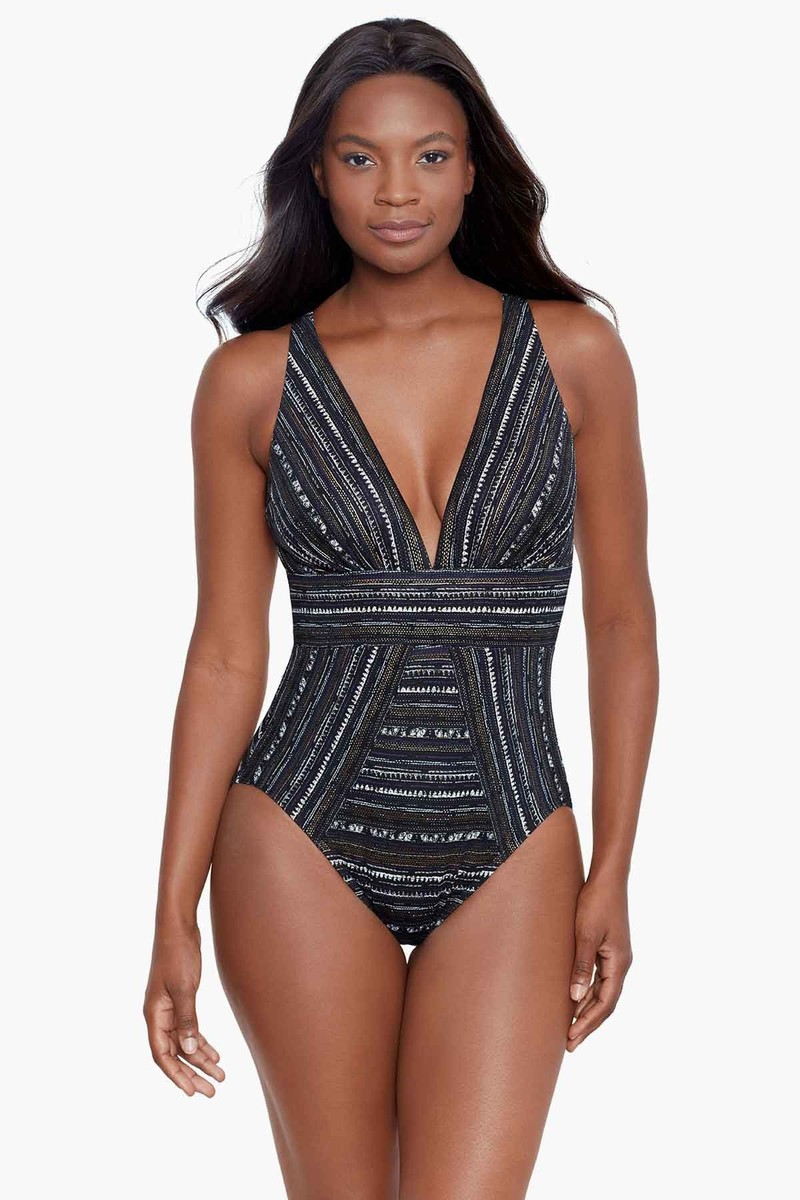 ★Since Then★ Shimmer Black Dye One Piece Set Elegant Contrast Sabrina One Piece Swimsuit