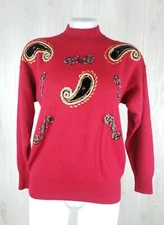 Angenie Size L Vtg Soft Lambswool Angora Rabbit Holiday Red Sweater Embellished