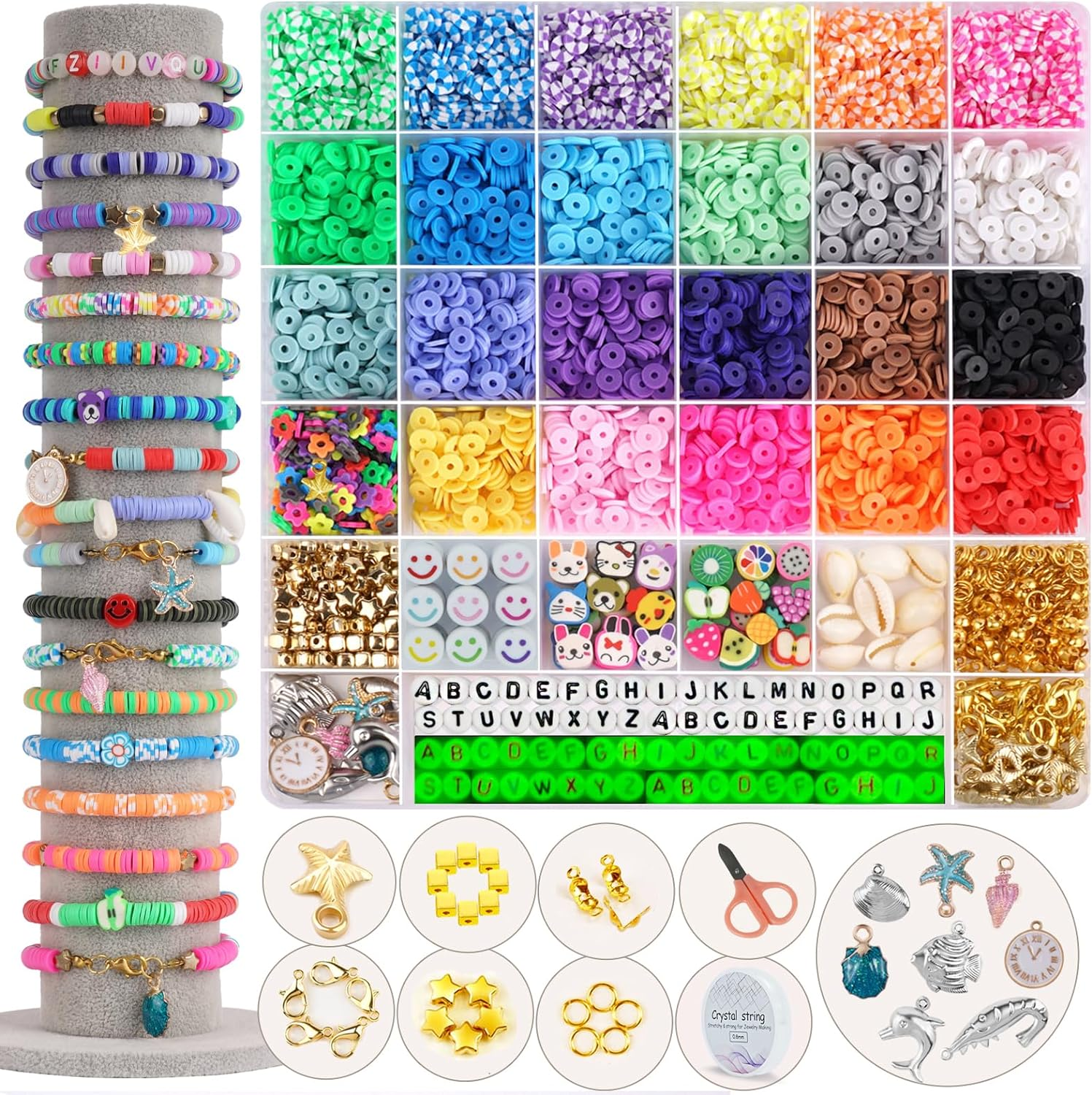 6100-Piece Bracelet Making Kit: 24 colors, clay, letter, polymer heishi beads.