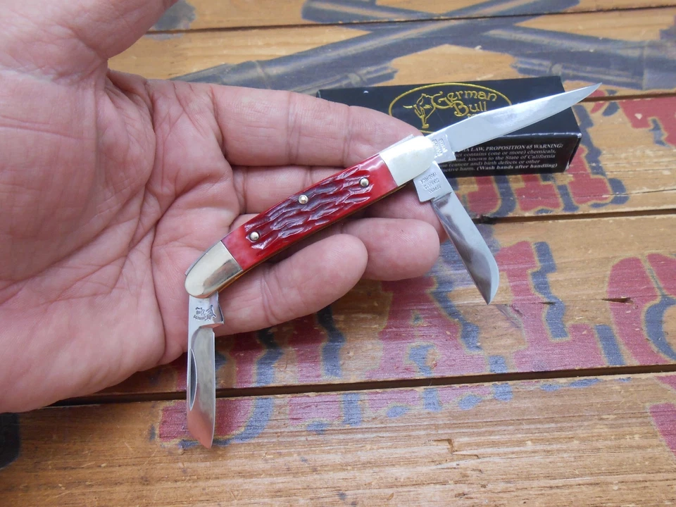 German Bull 3 Blade Pocket Knife Red Pick Bone Handle - Image 3 of 4
