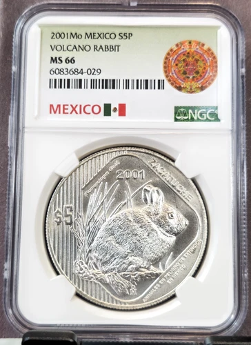 2001 MEXICO SILVER 5 PESOS VOLCANO RABBIT NGC MS 66 ZACATUCHE VERY SCARCE GEM BU