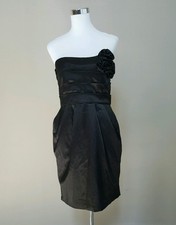 WINDSOR Strapless Black Satin Evening Prom Dress 11 FLOWERS with Pockets