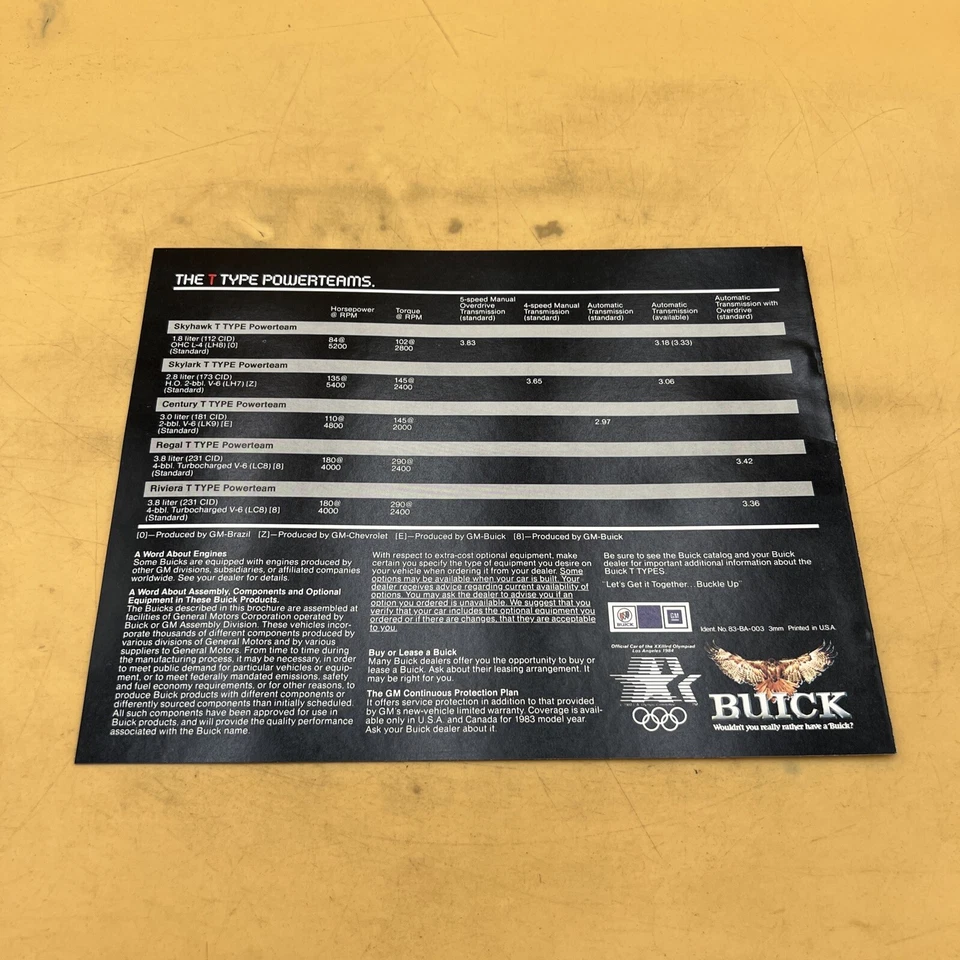 1983 BUICK "T TYPE" REGAL RIVIERA SKYLARK SKYHAWK CENTURY SALES BROCHURE - Image 3 of 4