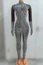 Full diamond jumpsuit for women's mesh performance dance costume