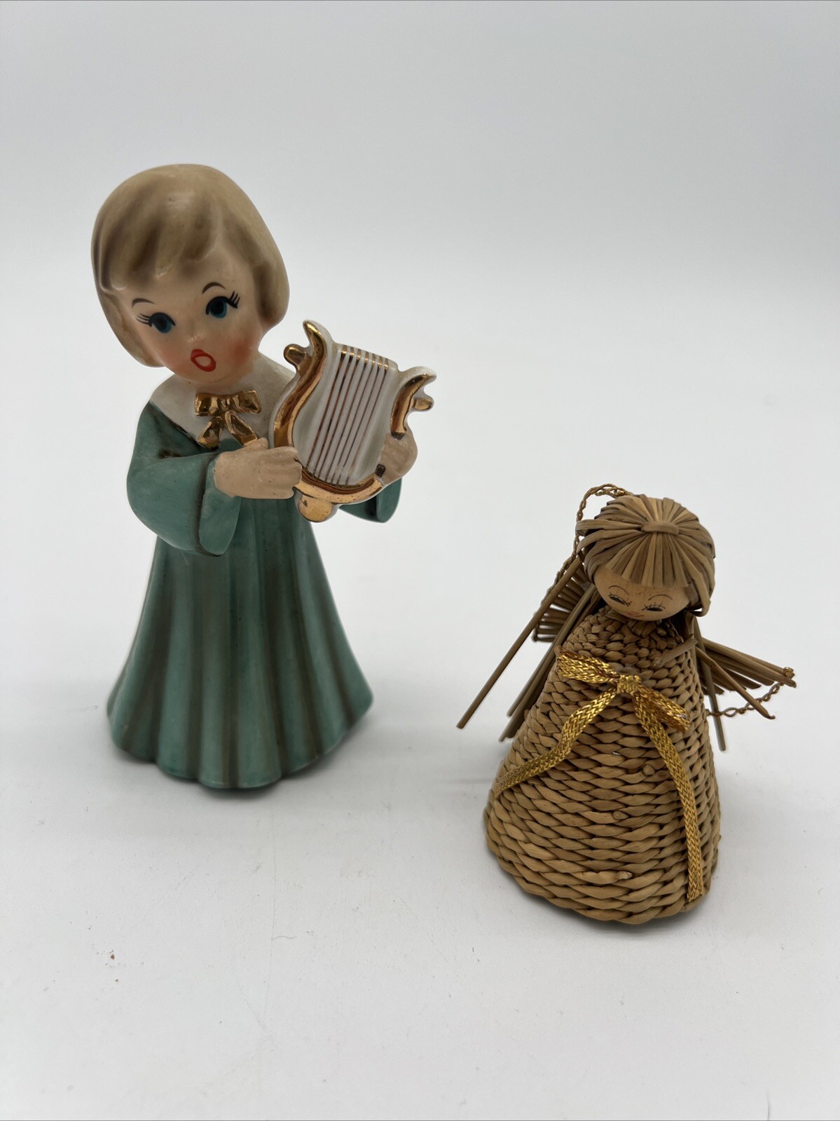 Vintage Angel Playing a Harp Figurine and Small Wicker Angel Figurine Lot of 2