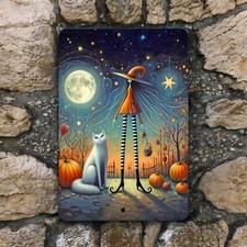 Witch and Cat Metal Sign - Halloween Wall Art, Pumpkin Decor, Spooky Fall Accent