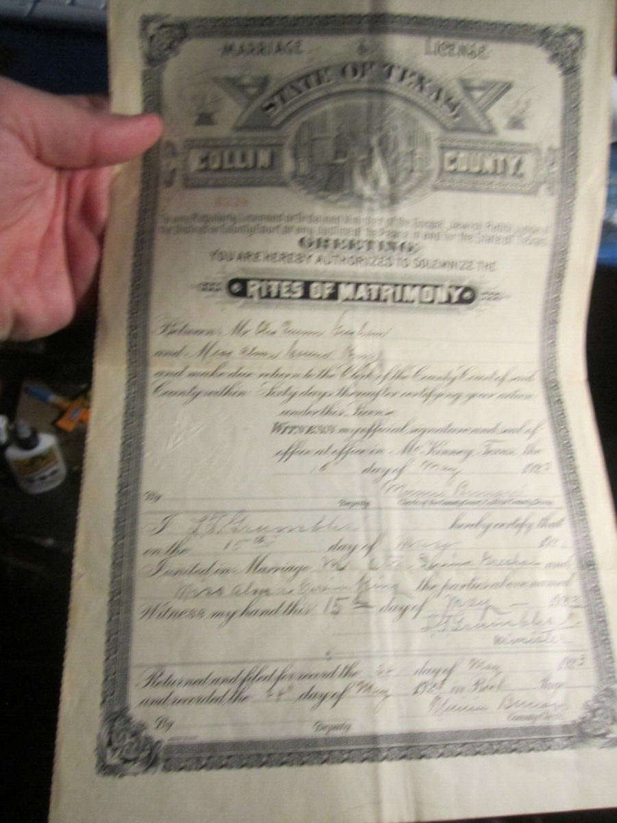 1923 TEXAS MARRIAGE LICENSE COLLIN COUNTY - GWW | eBay