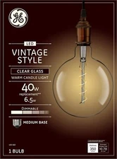 GE Vintage Style LED Light Bulb, 40 Watt, Clear Finish, Warm Candle Light, G63