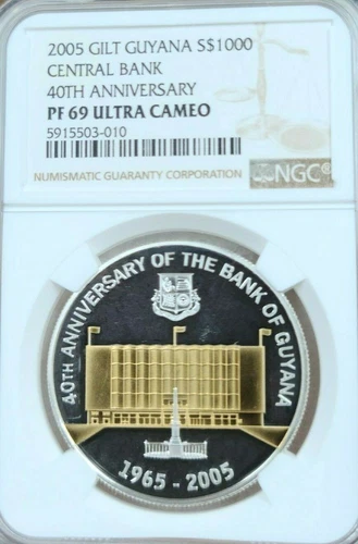 2005 GUYANA SILVER 1000 DOLLARS CENTRAL BANK ANNIV NGC PF 69 ULTRA CAMEO TOP