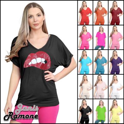 Damen Oversize Baggy T-Shirt Loose Fit Turn Up Fledermausärmel V-Ausschnitt Tee Top