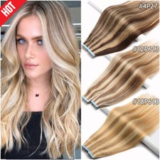 Balayage THICK Tape In Russian Remy Human Hair Extensions Skin Weft Full Head US