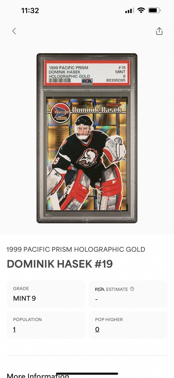 1999-00 Pacific Prism Dominik Hasek Holographic Gold #40 PSA 9 MINT POP ...