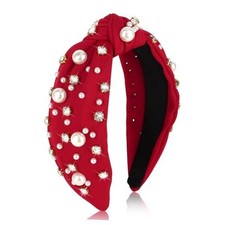 Headband for Women Pearl Knotted Headband Sparkly Rhinestone Pearls Top Red