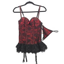 NWT Seven 'til Midnight Red Black Lace Corset G-String Set Medium 9103