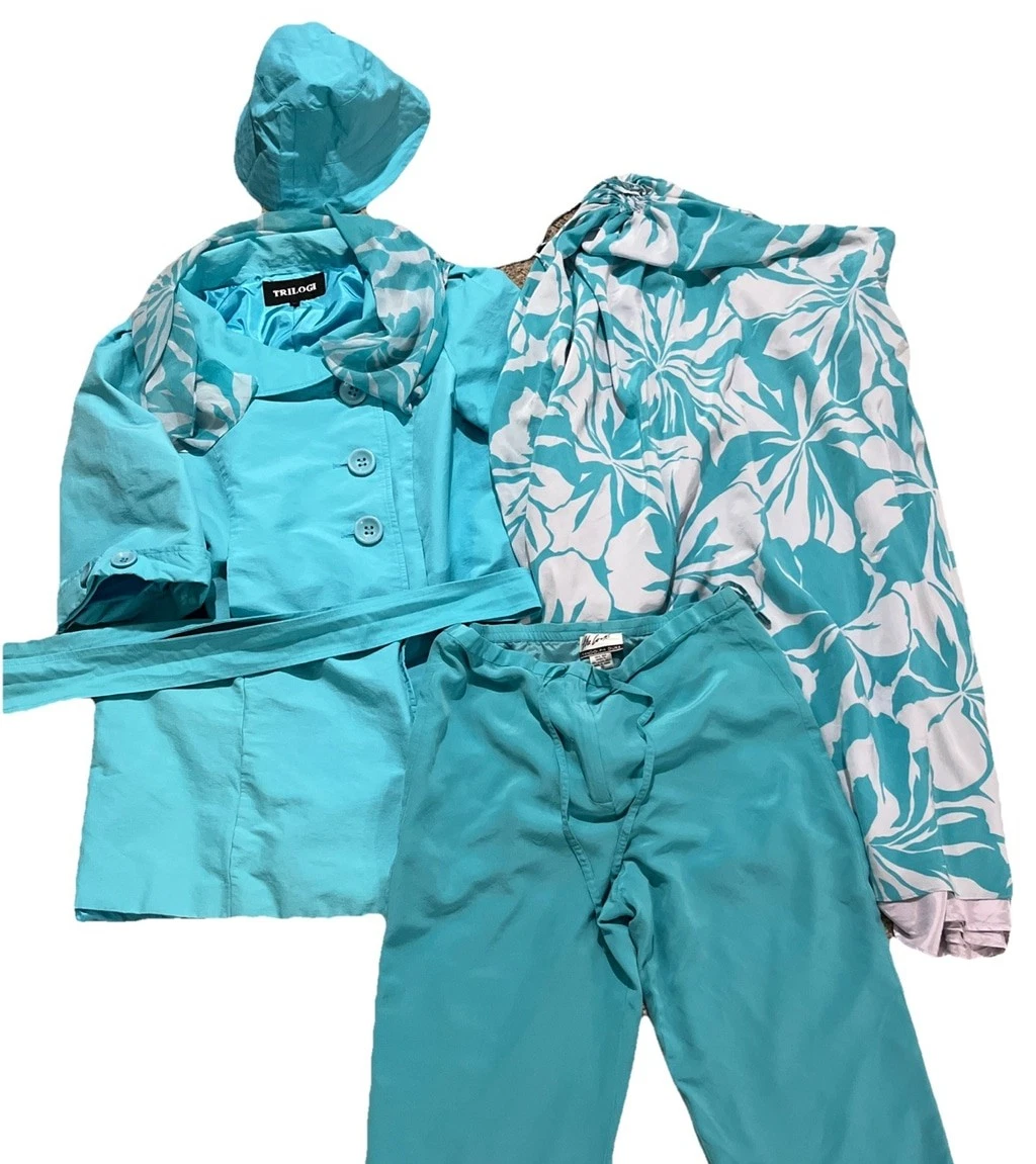 True Vintage 5 PC Dress Top Pants Set, Rain Coat, Hat M/L EUC SEE DESCRIPTION!