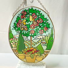 Vintage Oval Glass Suncatcher Birds Rose Tree Garden Landscape Window Hanging
