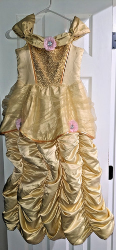 Belle Gold w Flowers Deluxe Ball Gown Dress Costume Size 7/8 Disney Store 2000s 