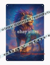 Celestial Lion Ascension Mythical Guardian Fantasy Tin Sign with Cosmic Light