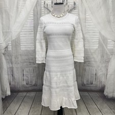 Eliza J Size Small White Pointelle Ruffle Sweater Dress Sleeves Fit & Flare B12