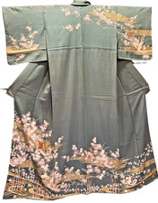 Silk Houmongi Kimono Green M 62in Floral Gold Jimon Japanese Vtg READ AS IS