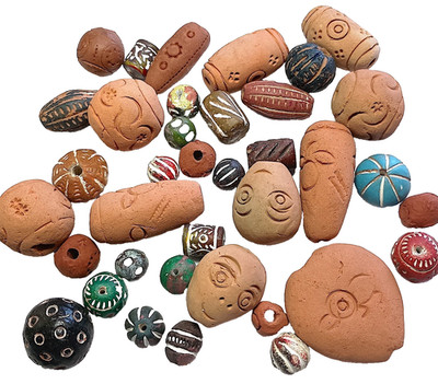 Beads, Terra Cotta, Clay, 28 Pcs Asst, 10mm to 32mm, 3mm Holes, Natural & Colors