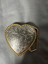 Women's Heart Shaped Western Belt Buckle Silver Etched USA