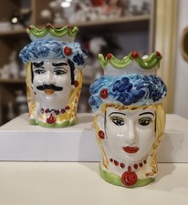 Coppia Di Teste Di Moro In Ceramica Di Caltagirone Dipinto A Mano