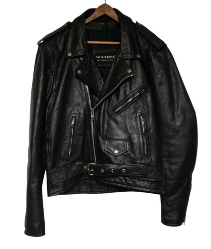 Vintage WILSONS Leather Jacket Men's Medium Black Thick Heavy Motorcycle Biker