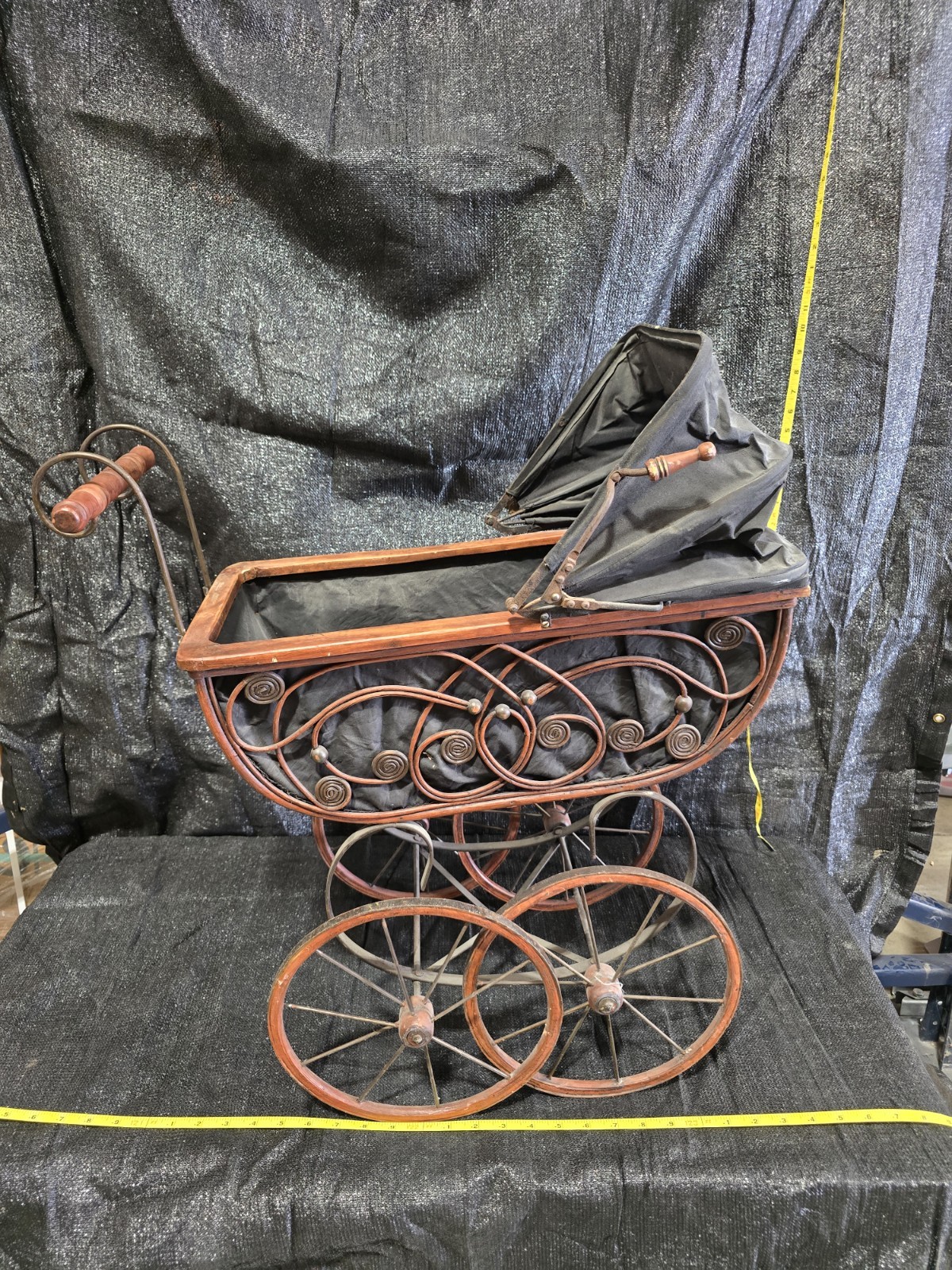 Victorian Baby Doll Carriage Buggy Ornate Wicker Metal Scroll Canvas Fold Canopy