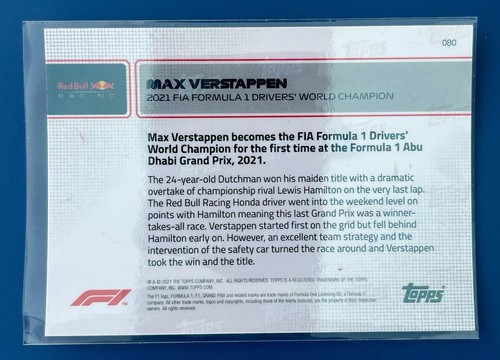 2021 Topps Now F1 Max Verstappen Red Bull Racing Honda Formula 1 card #080 - Picture 2 of 2