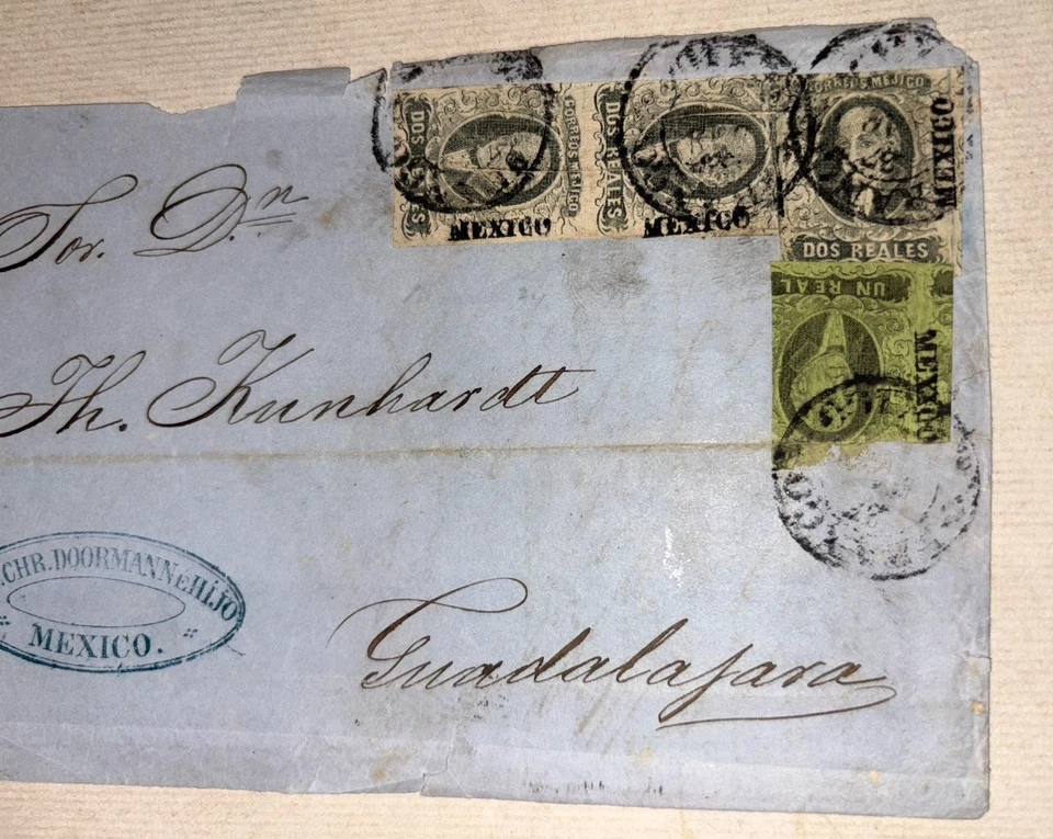 Mexico cover to Guadalajara March 24 1864 vertical pair of 2r + single 2r + 1r - Image 2 of 3